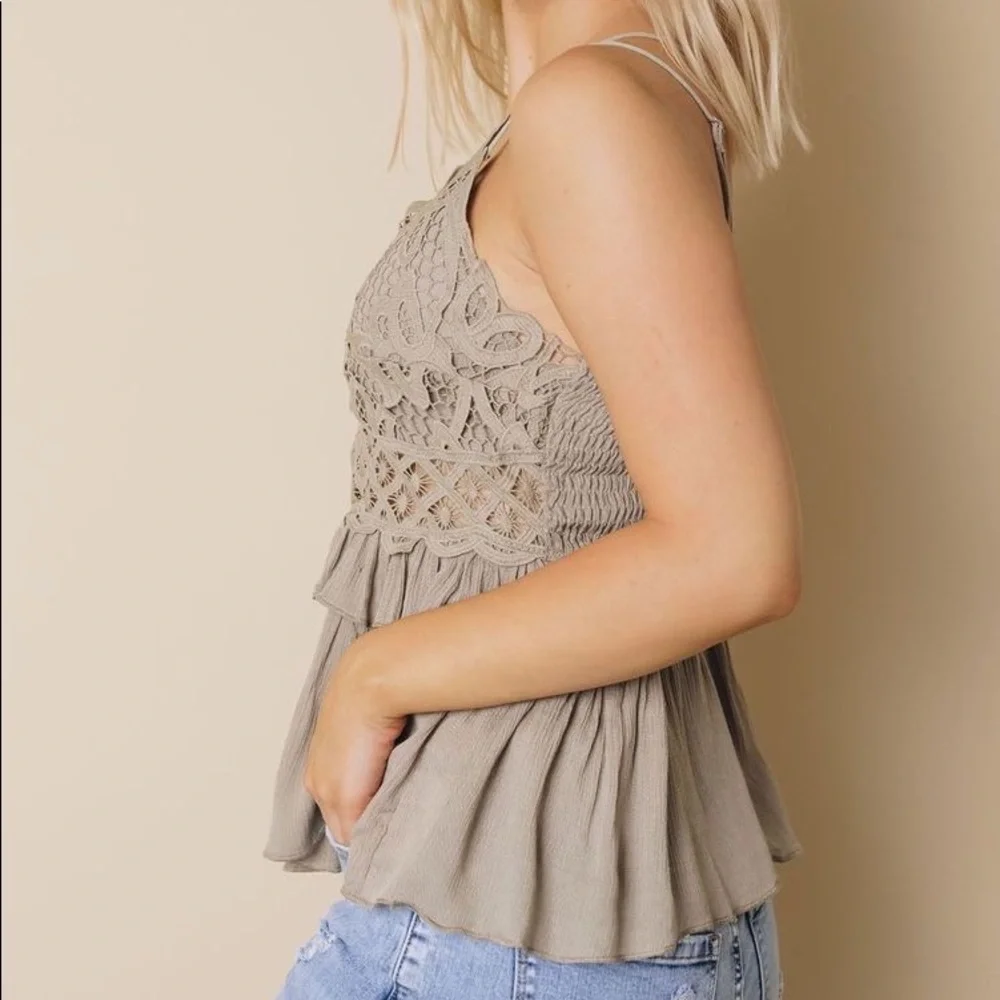 Tan Scallop Lace Babydoll Summer Top - Picture 6 of 7